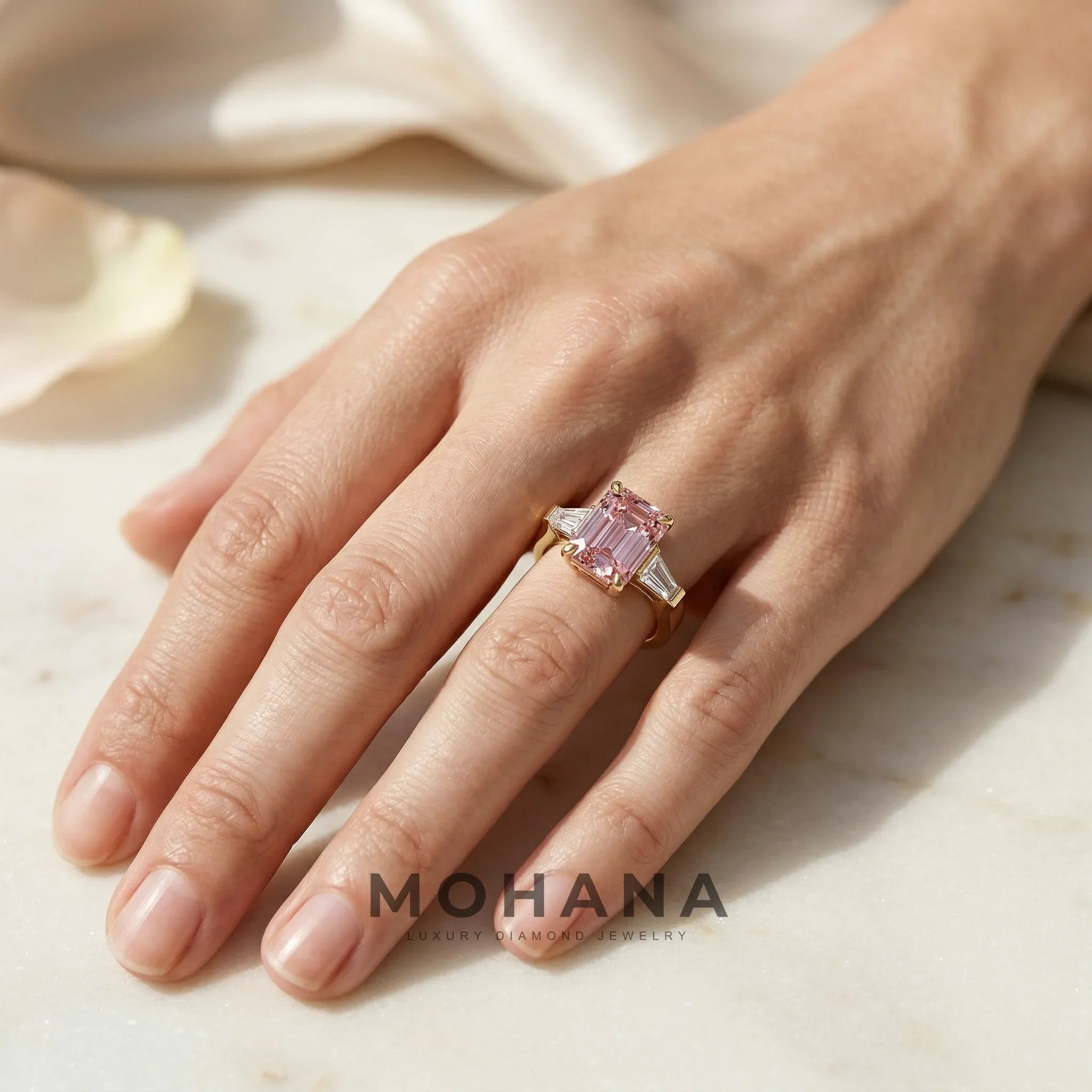 3.75ct Fancy Pink Emerald & Tapered Baguette Three Stone Lab Diamond Ring