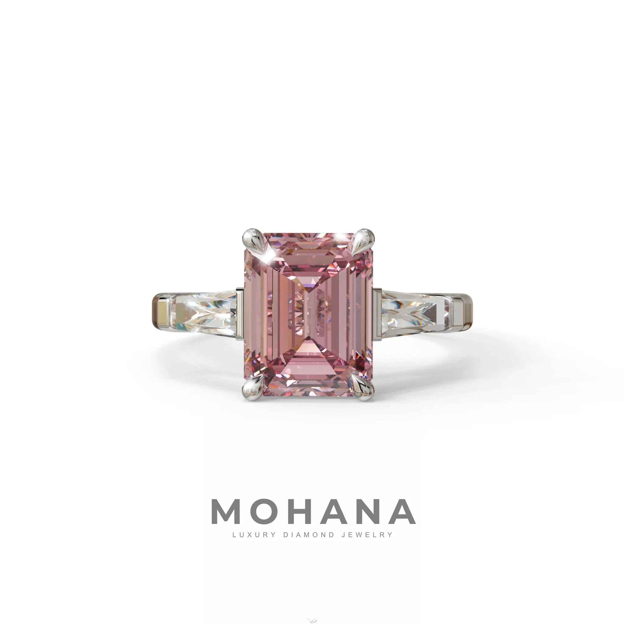 3 Carat Pink Emerald & Tapered Baguette diamond ring - 10K Solid Gold / White Gold