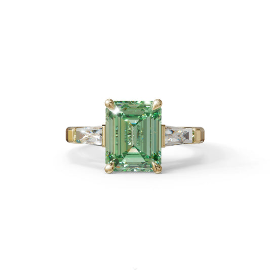 3 Carat Fancy Vivid Green Emerald & Tapered Baguette diamond ring - 10K Solid Gold / Yellow Gold