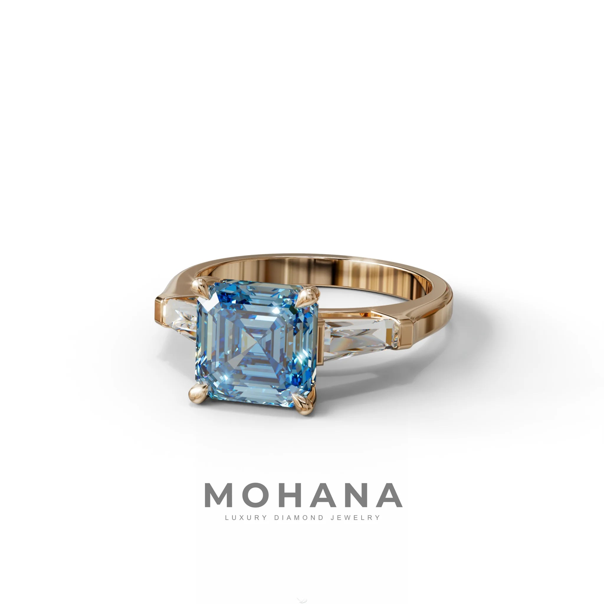 3 Carat Blue Asscher & Baguette Cut Multi Stone Lab Diamond Ring - Brillante