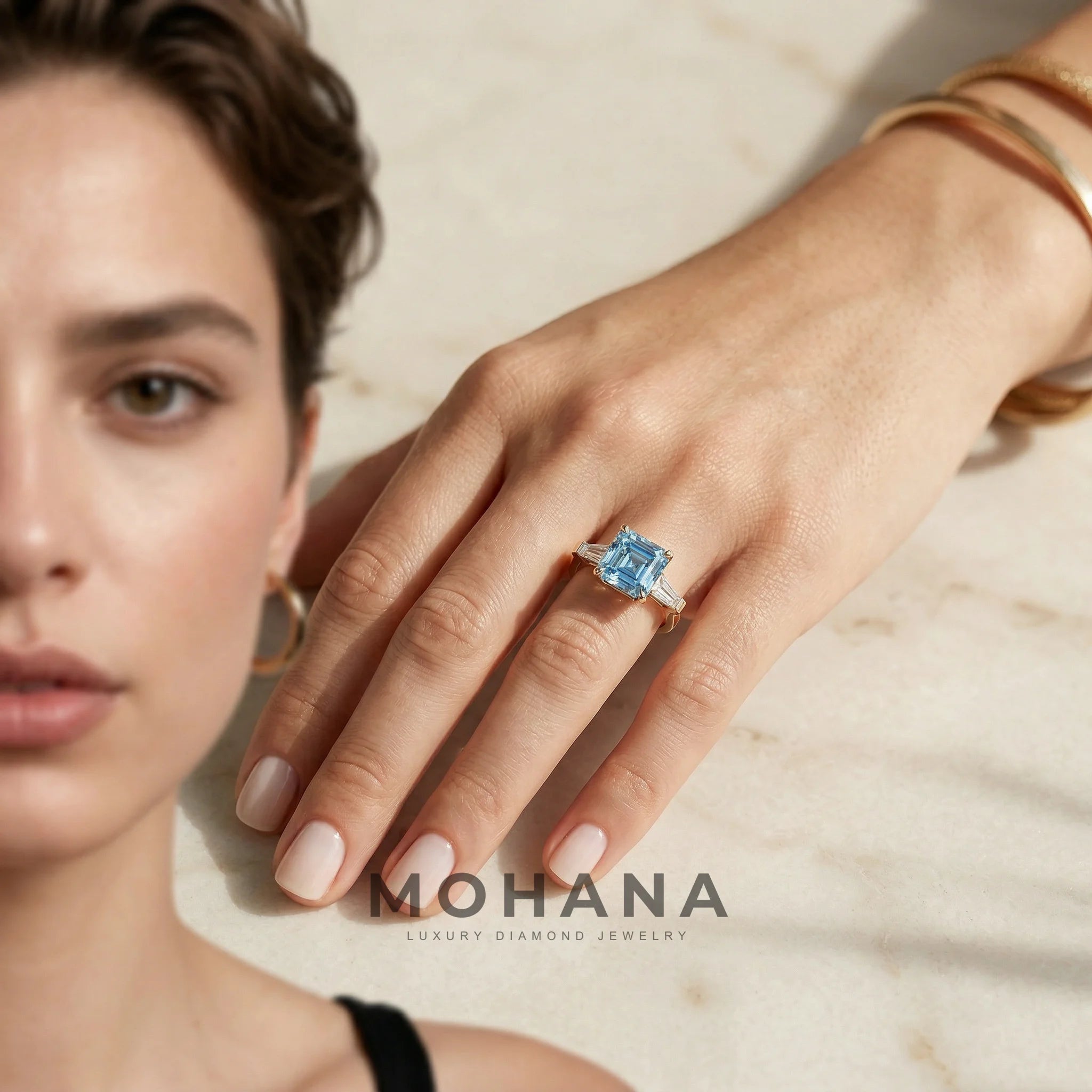 3.80ct Fancy Blue Asscher & Tapered Baguette Multi Stone Lab Diamond Ring - Brillante
