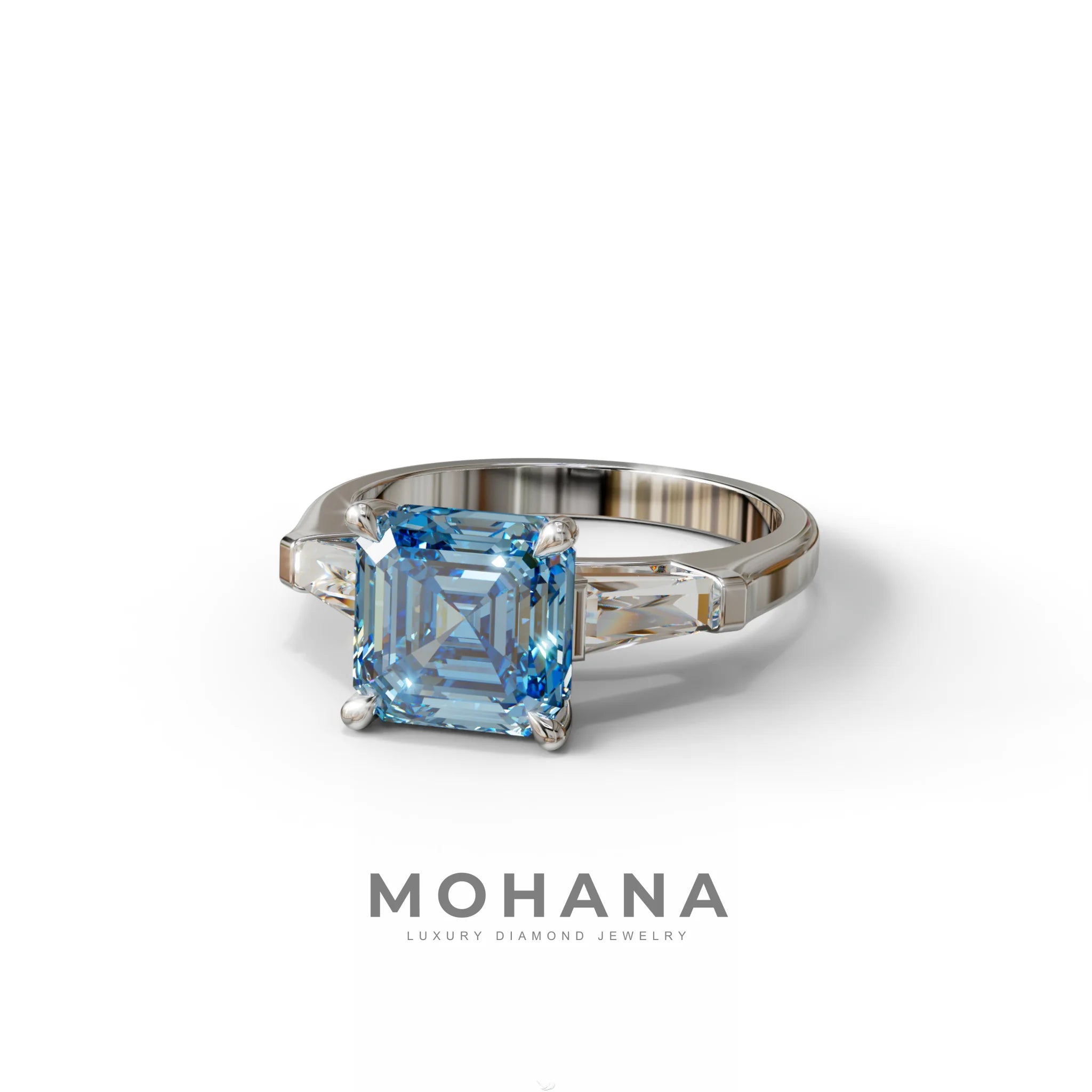 3 Carat Blue Asscher & Baguette Cut Multi Stone Lab Diamond Ring - Brillante