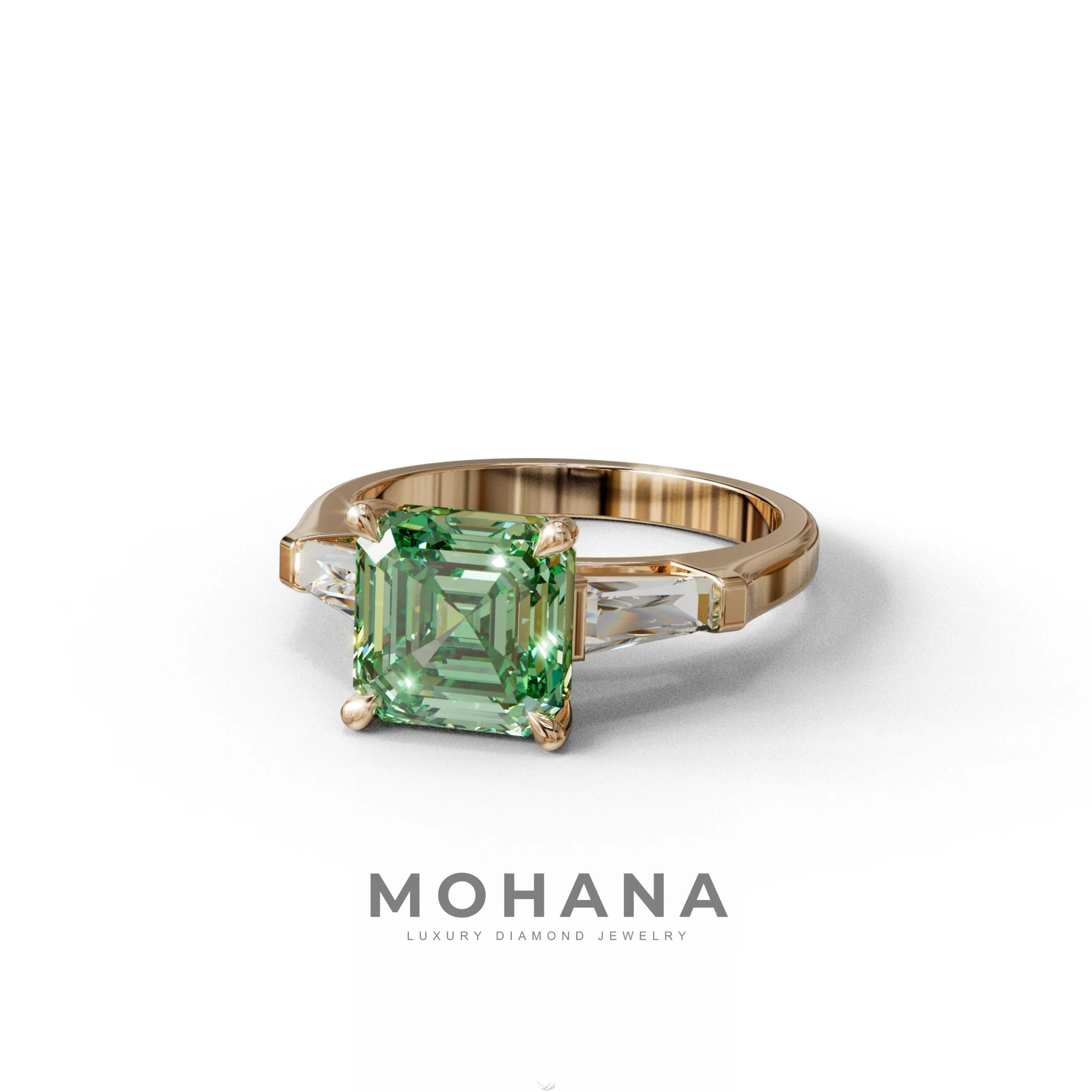 3 Carat Green Asscher & Baguette Cut Multi Stone Lab Diamond Ring - Brillante