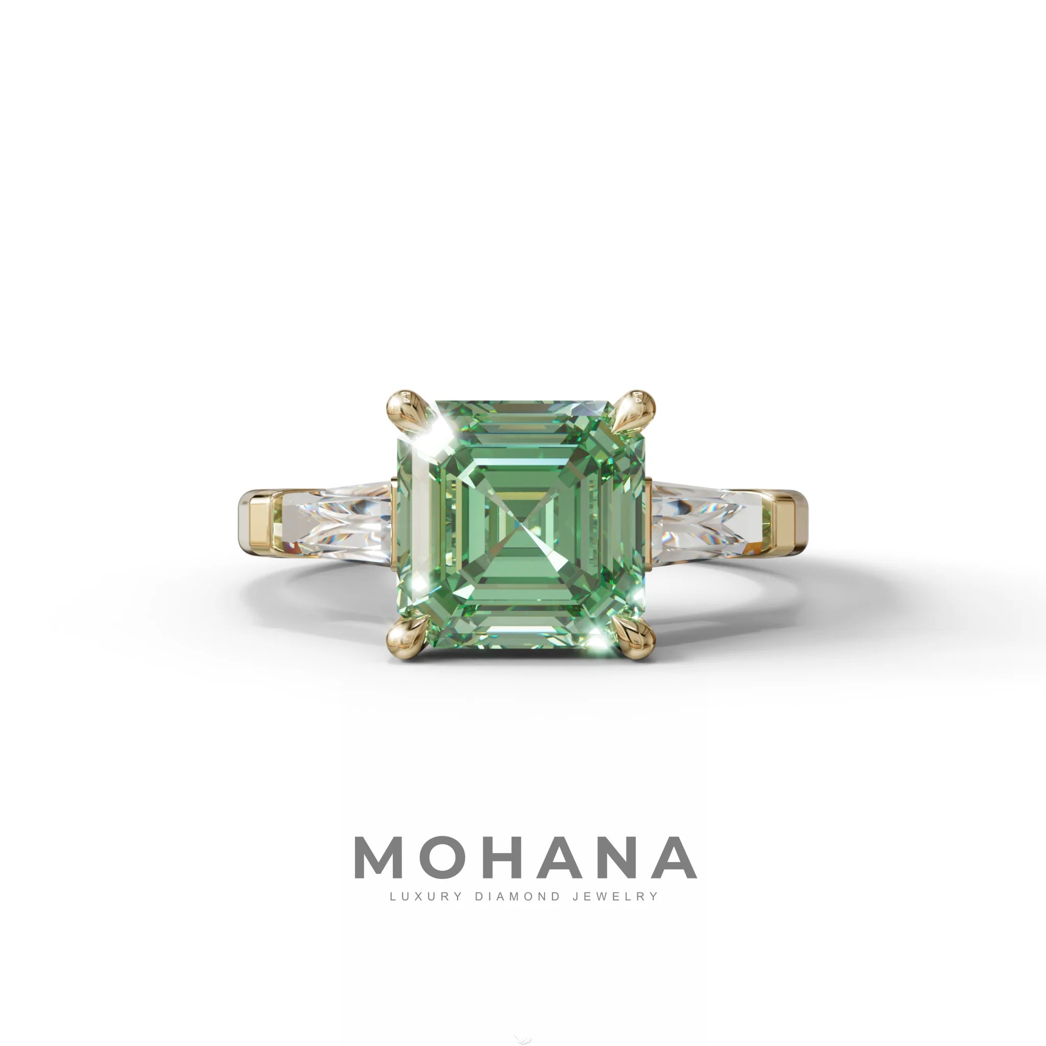 3 Carat Green Asscher & Baguette Cut Multi Stone Lab Diamond Ring - Brillante - 10K Solid Gold / Yellow Gold