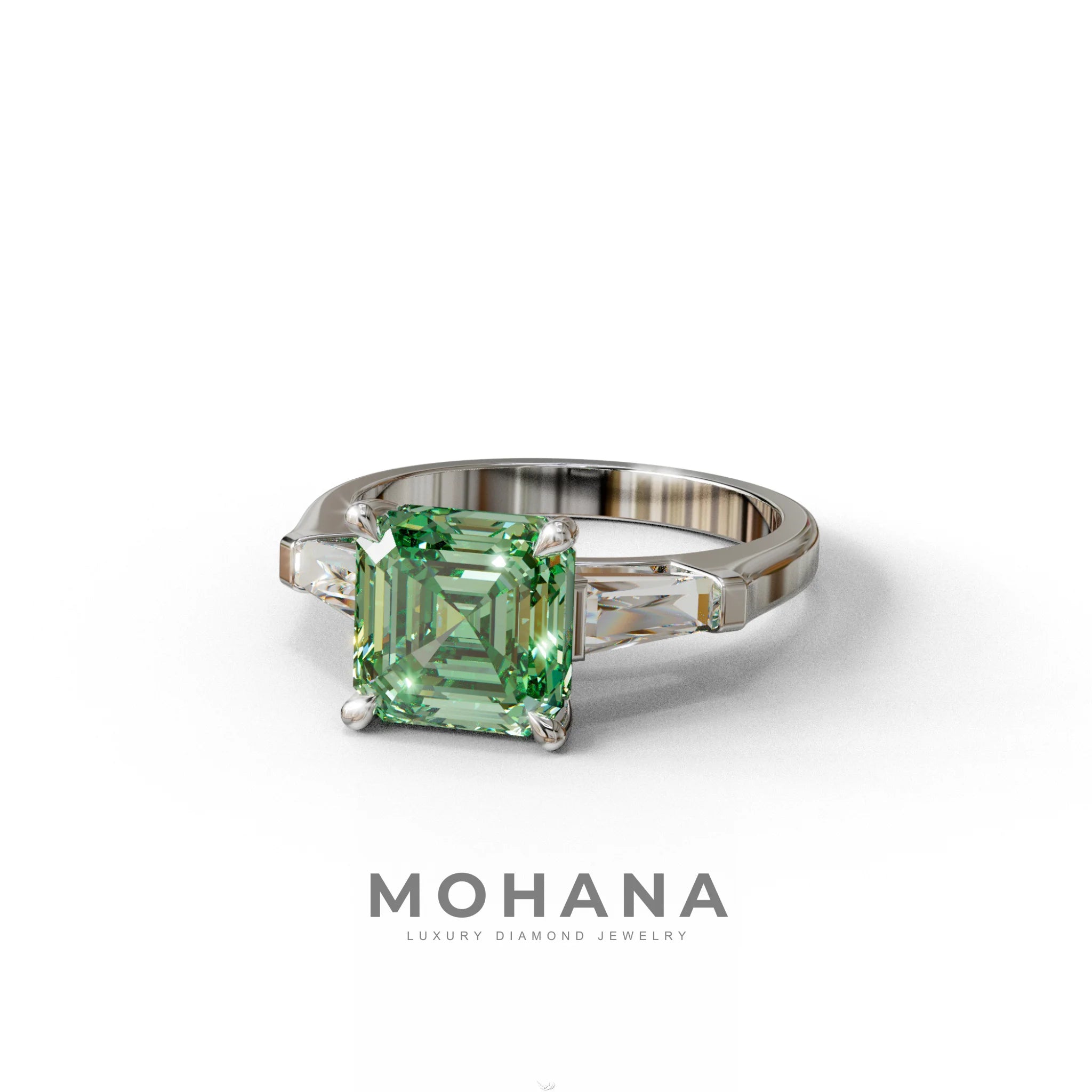 3 Carat Green Asscher & Baguette Cut Multi Stone Lab Diamond Ring - Brillante