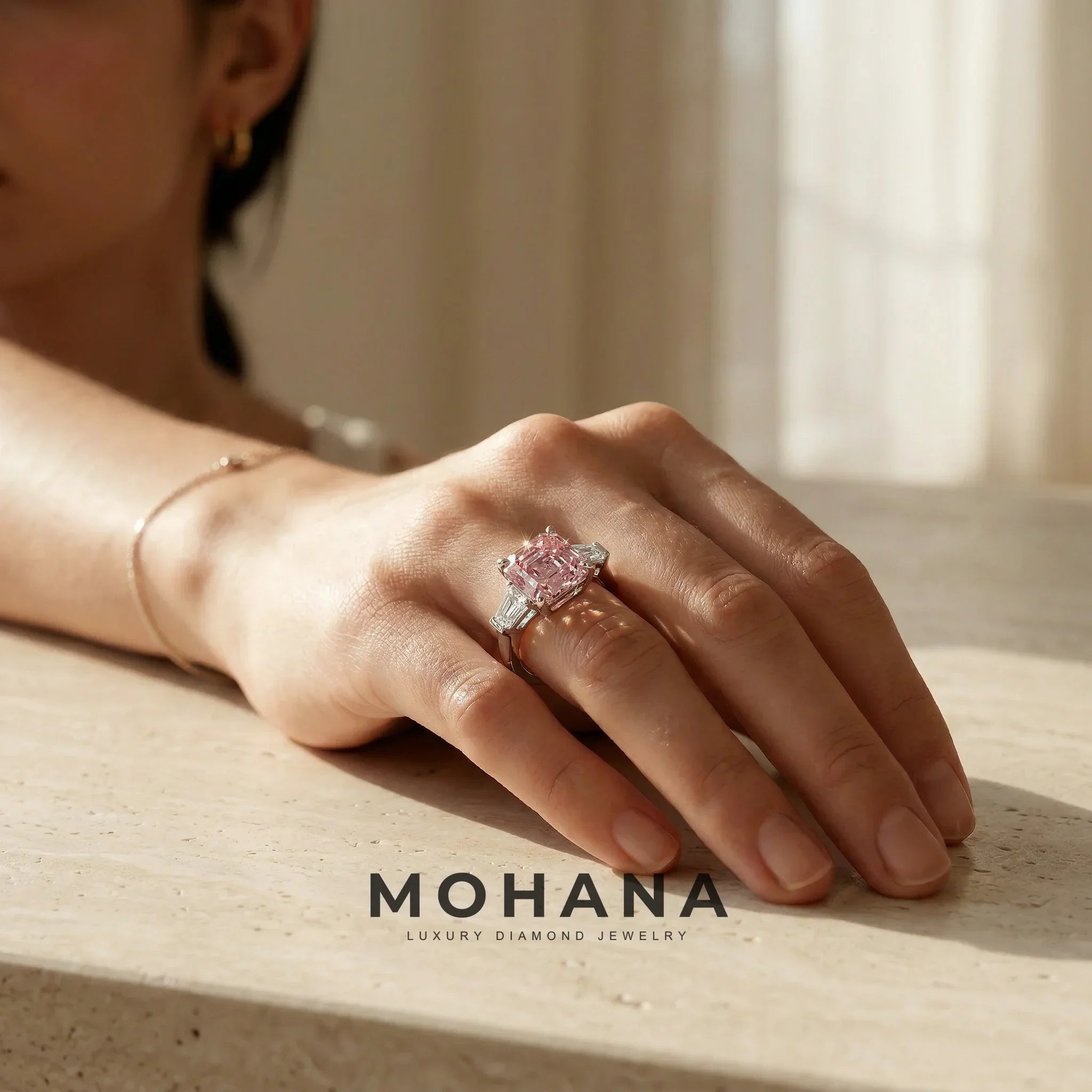 3.80ct Fancy Pink Asscher & Tapered Baguette Multi Stone Lab Diamond Ring - Brillante