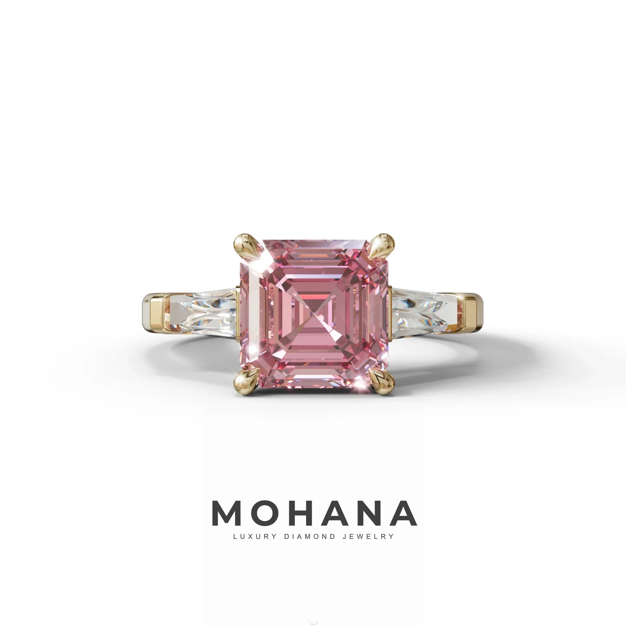 3 Carat Pink Asscher & Baguette Cut Multi Stone Lab Diamond Ring - Brillante - 10K Solid Gold / Yellow Gold