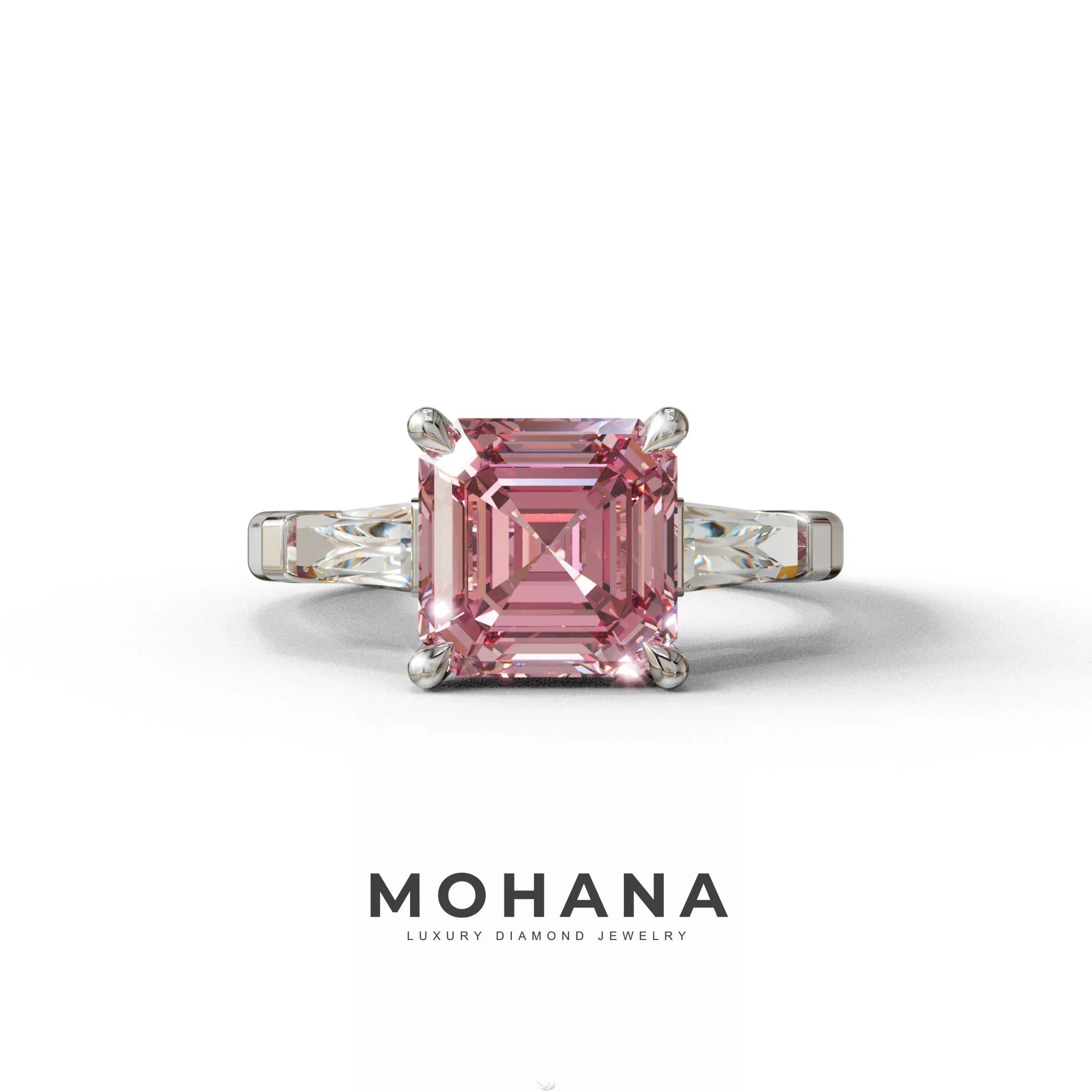 3 Carat Pink Asscher & Baguette Cut Multi Stone Lab Diamond Ring - Brillante - 10K Solid Gold / White Gold