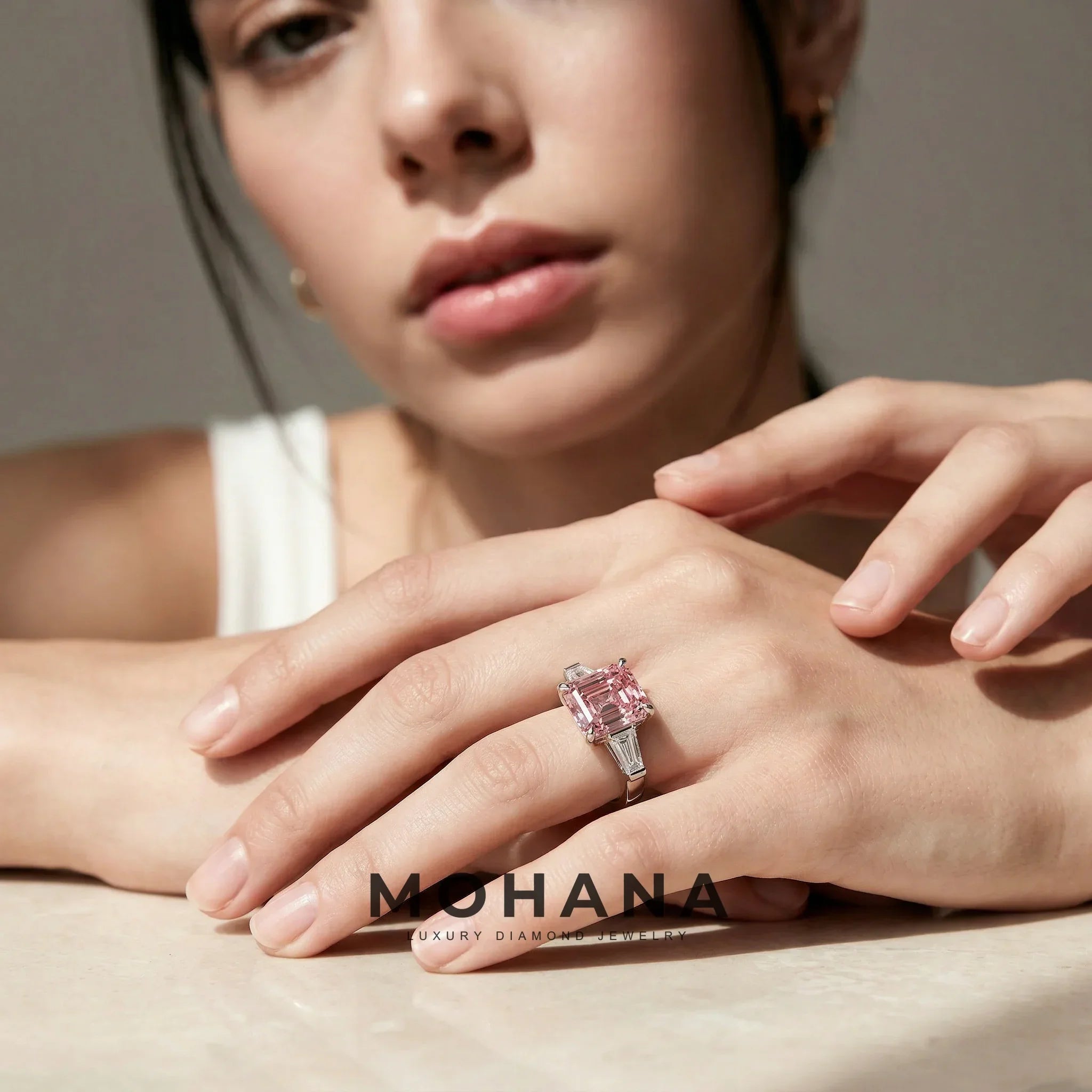 3.80ct Fancy Pink Asscher & Tapered Baguette Multi Stone Lab Diamond Ring - Brillante