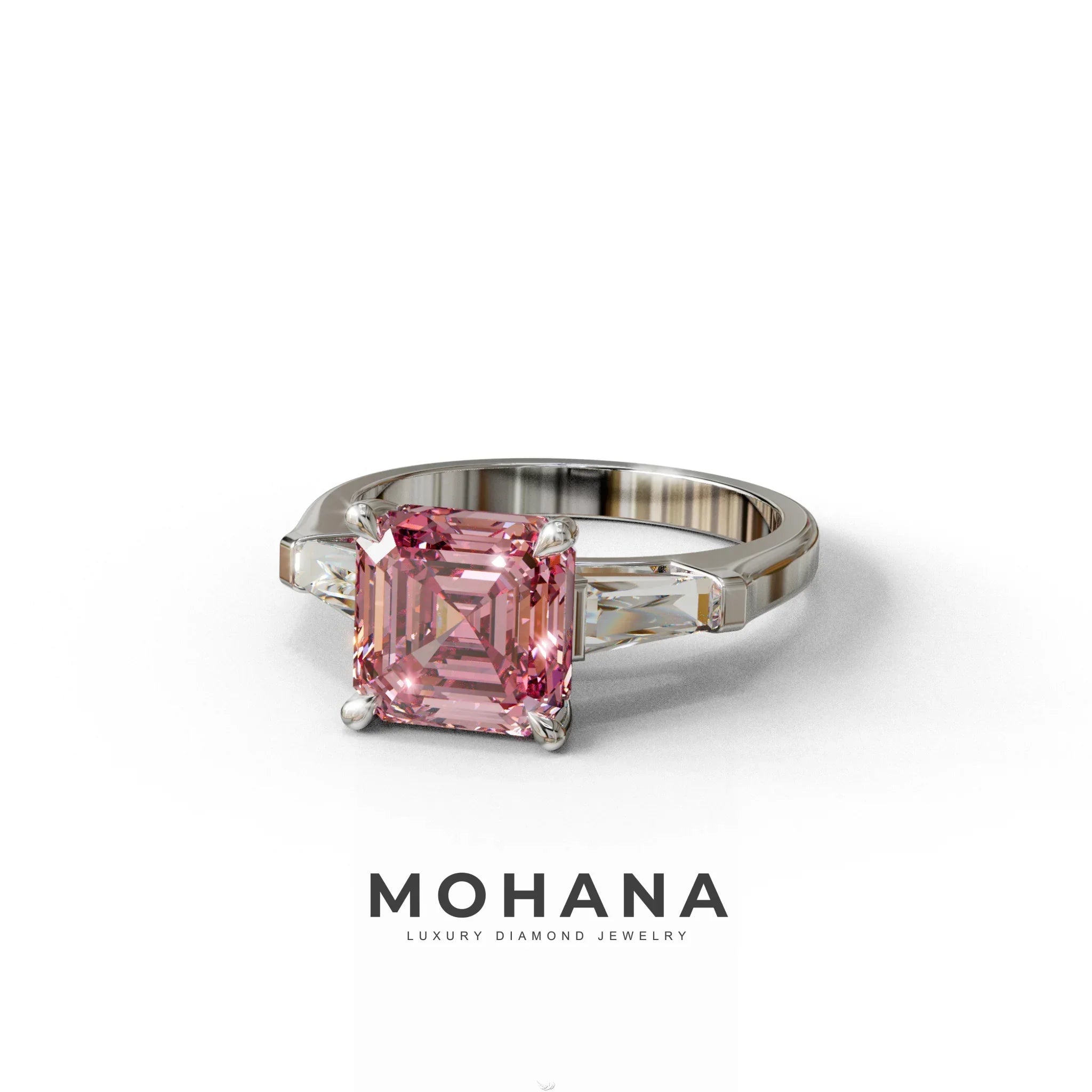3 Carat Pink Asscher & Baguette Cut Multi Stone Lab Diamond Ring - Brillante