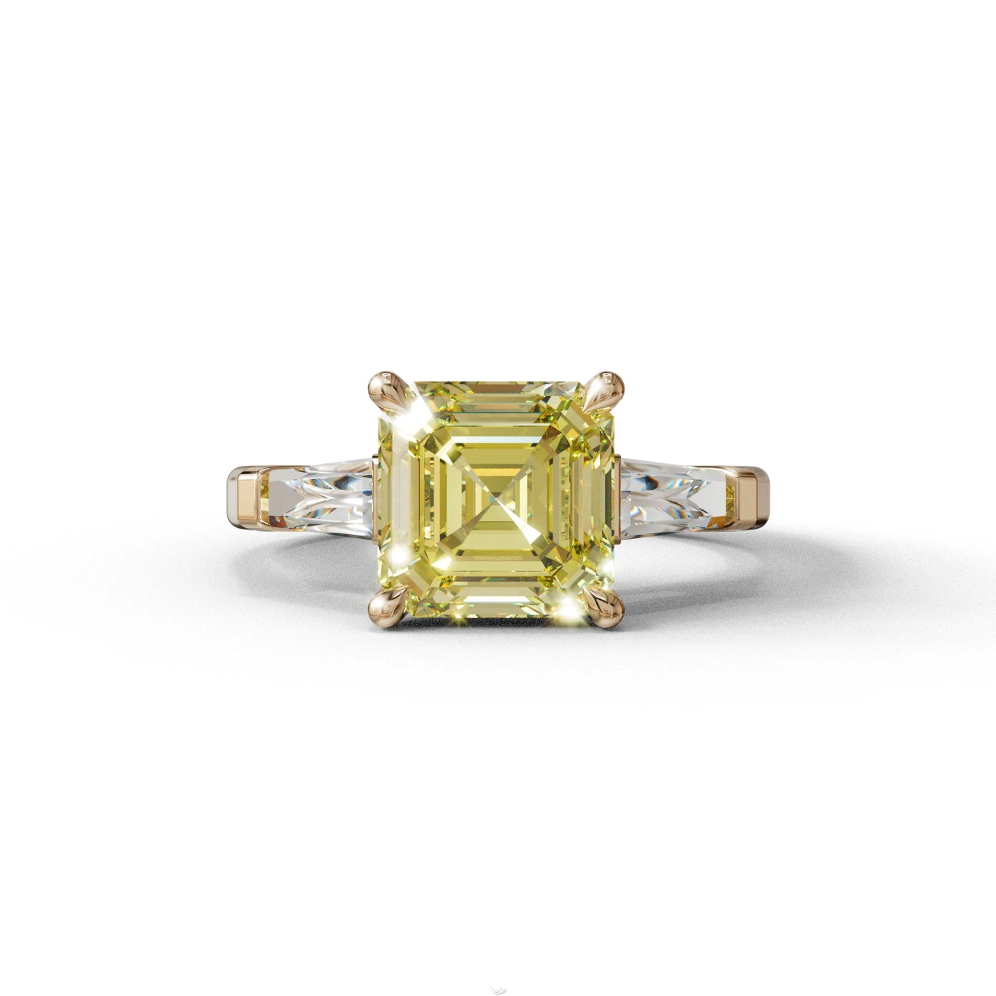 3 Carat Yellow Asscher & Baguette Cut Multi Stone Lab Diamond Ring - Brillante - 10K Solid Gold / Rose Gold