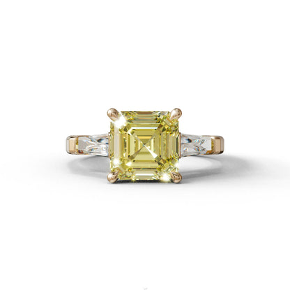 3 Carat Yellow Asscher & Baguette Cut Multi Stone Lab Diamond Ring - Brillante - 10K Solid Gold / Rose Gold
