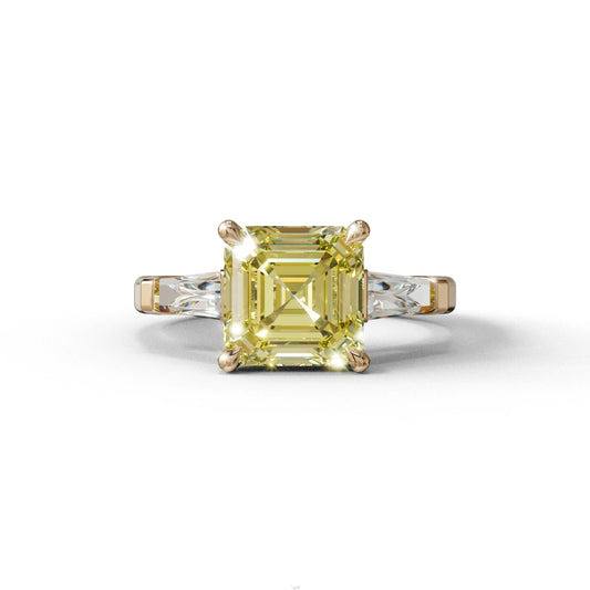 3 Carat Yellow Asscher & Baguette Cut Multi Stone Lab Diamond Ring - Brillante - 10K Solid Gold / Rose Gold