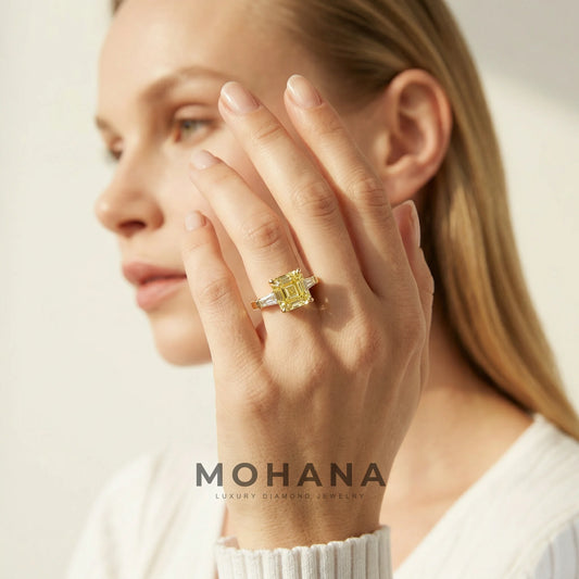 3.80ct Canary Yellow Asscher & Tapered Baguette Multi Stone Lab Diamond Ring - Brillante