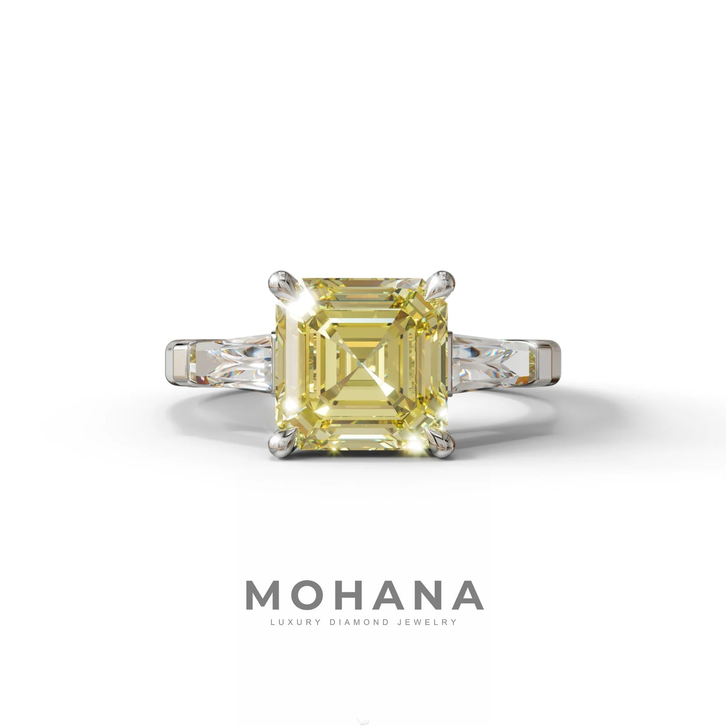 3 Carat Yellow Asscher & Baguette Cut Multi Stone Lab Diamond Ring - Brillante - 10K Solid Gold / White Gold