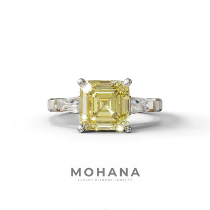3 Carat Yellow Asscher & Baguette Cut Multi Stone Lab Diamond Ring - Brillante - 10K Solid Gold / White Gold
