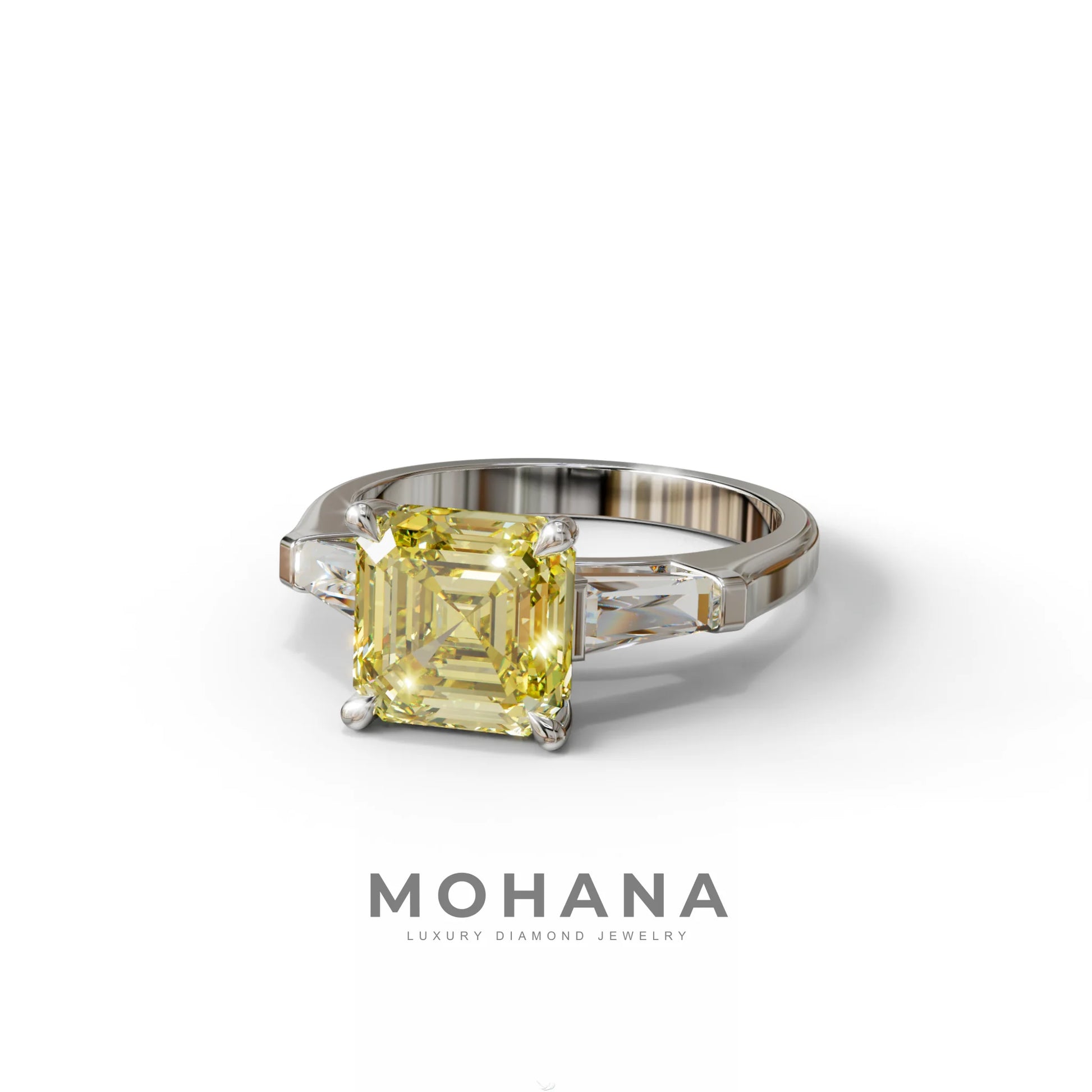3 Carat Yellow Asscher & Baguette Cut Multi Stone Lab Diamond Ring - Brillante