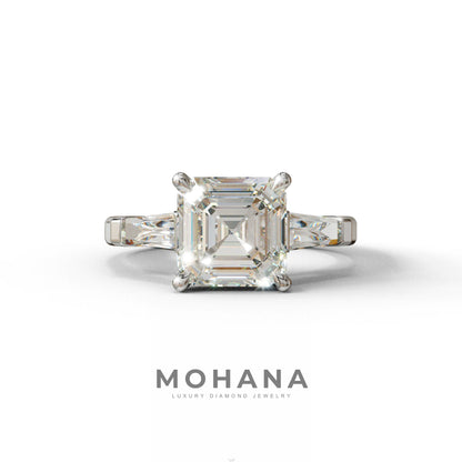 3 Carat E VVS Asscher & Baguette Cut Multi Stone Lab Diamond Ring - Brillante - 10K Solid Gold / White Gold