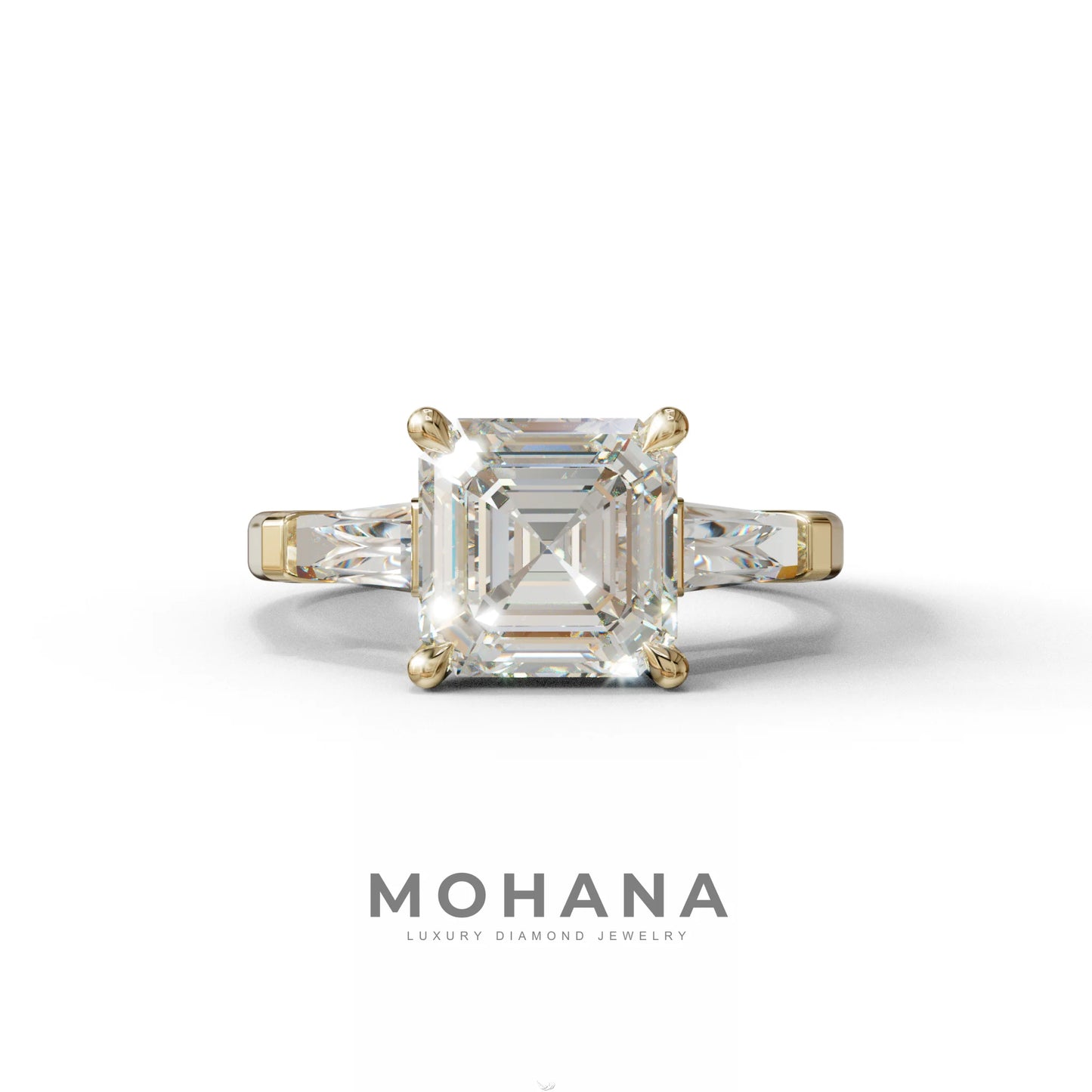 3 Carat E VVS Asscher & Baguette Cut Multi Stone Lab Diamond Ring - Brillante - 10K Solid Gold / Yellow Gold