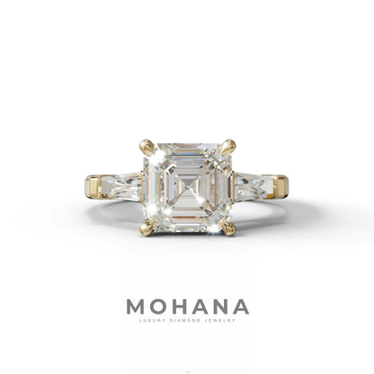 3 Carat E VVS Asscher & Baguette Cut Multi Stone Lab Diamond Ring - Brillante - 10K Solid Gold / Yellow Gold