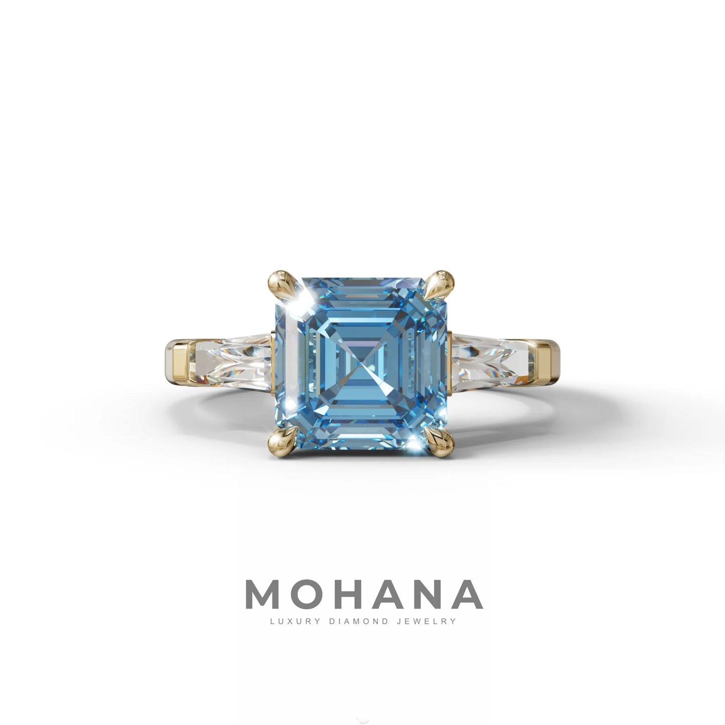 3 Carat Blue Asscher & Baguette Cut Multi Stone Lab Diamond Ring - Brillante - 10K Solid Gold / Yellow Gold