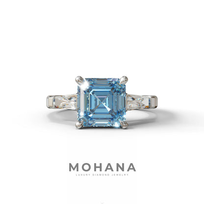 3 Carat Blue Asscher & Baguette Cut Multi Stone Lab Diamond Ring - Brillante - 10K Solid Gold / White Gold