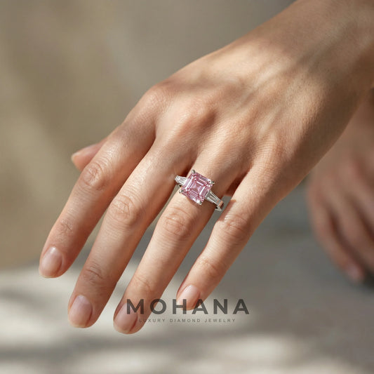 3.80ct Fancy Pink Asscher & Tapered Baguette Multi Stone Lab Diamond Ring - Brillante