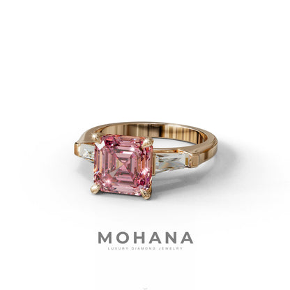 3 Carat Pink Asscher & Baguette Cut Multi Stone Lab Diamond Ring - Brillante