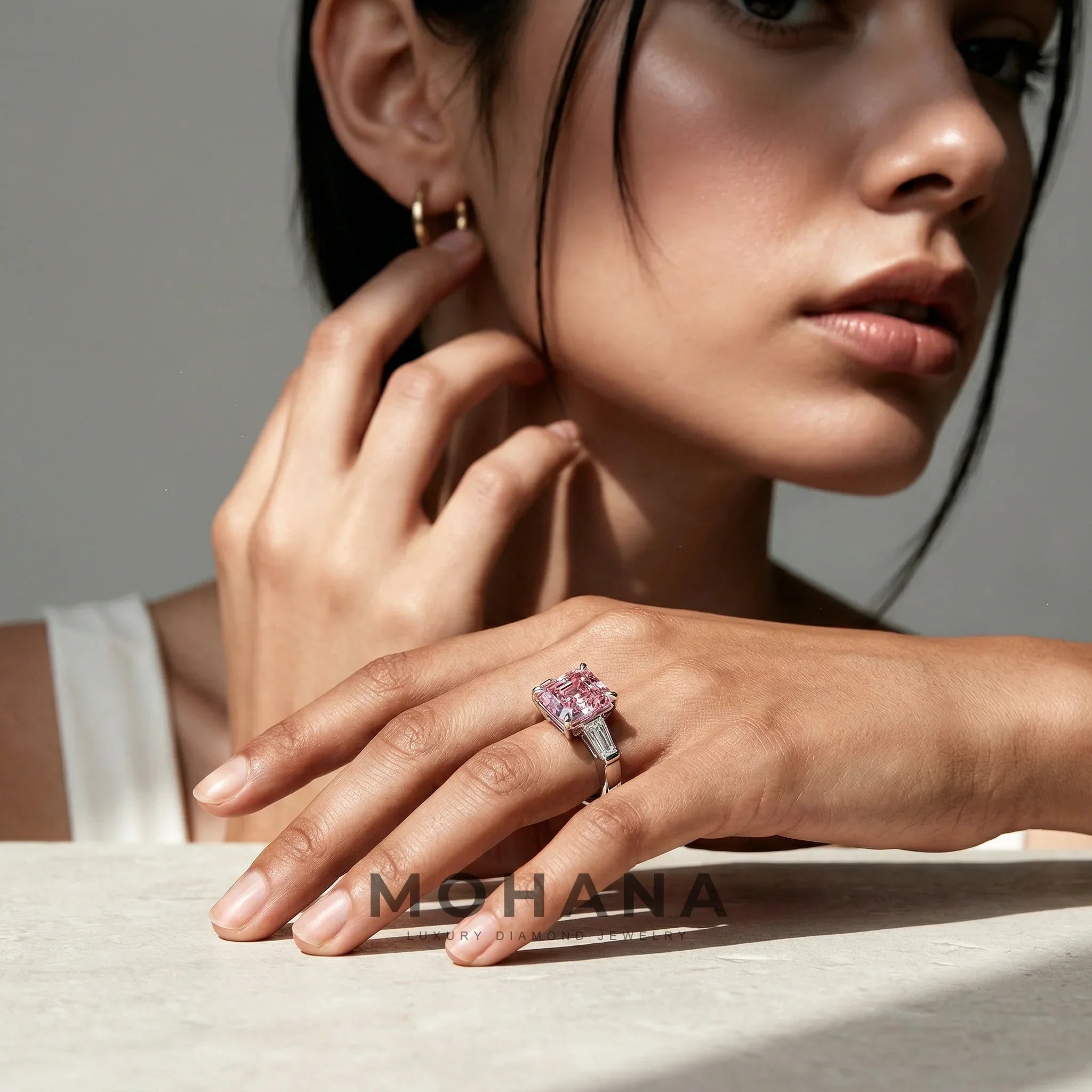 3.80ct Fancy Pink Asscher & Tapered Baguette Multi Stone Lab Diamond Ring - Brillante
