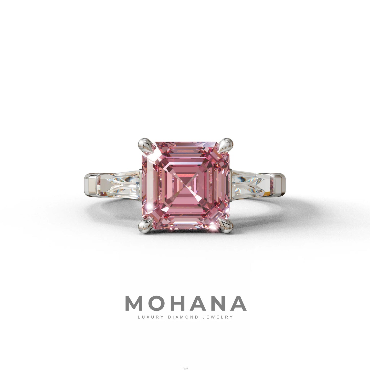 3 Carat Pink Asscher & Baguette Cut Multi Stone Lab Diamond Ring - Brillante - 10K Solid Gold / White Gold