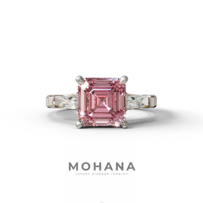 3 Carat Pink Asscher & Baguette Cut Multi Stone Lab Diamond Ring - Brillante - 10K Solid Gold / White Gold
