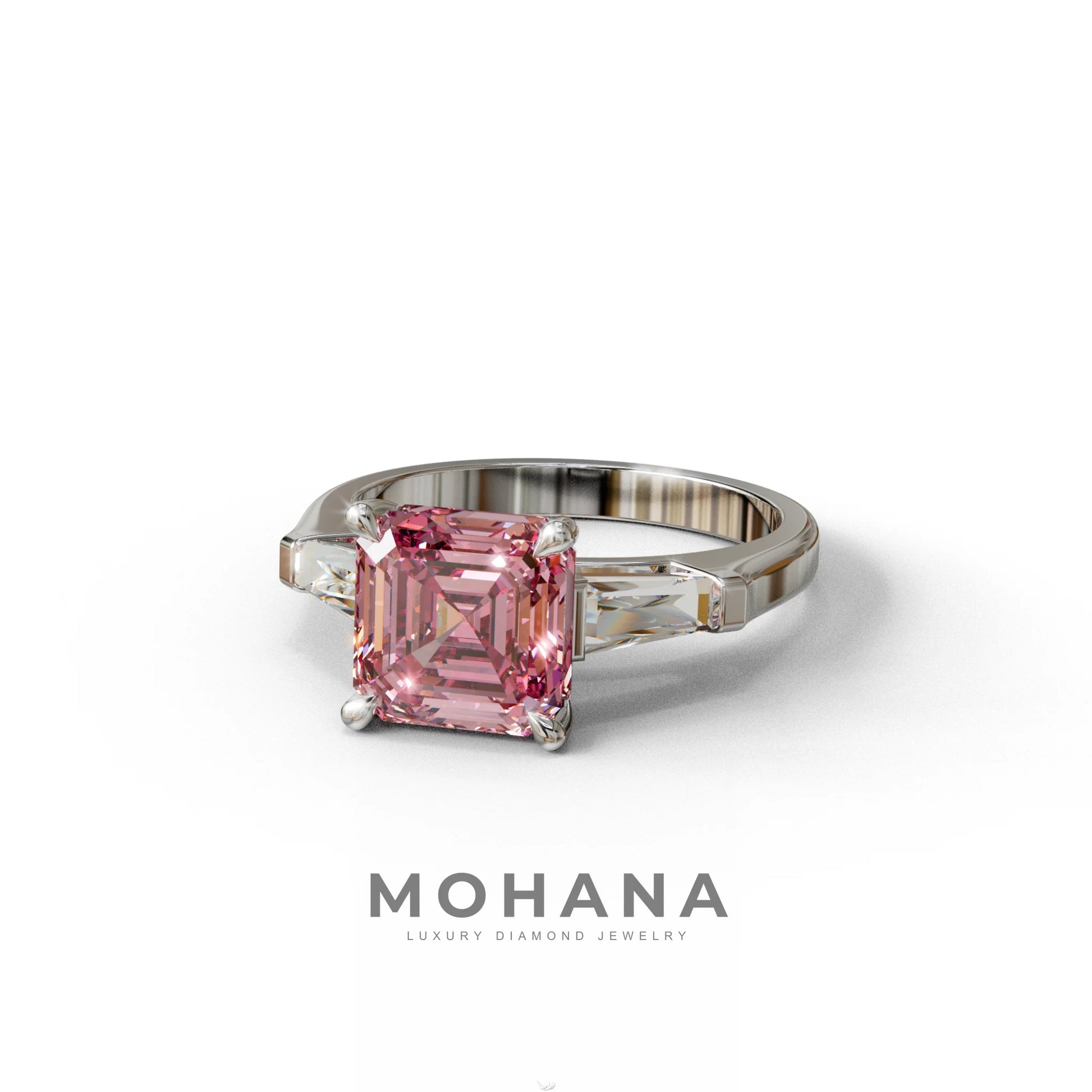 3 Carat Pink Asscher & Baguette Cut Multi Stone Lab Diamond Ring - Brillante