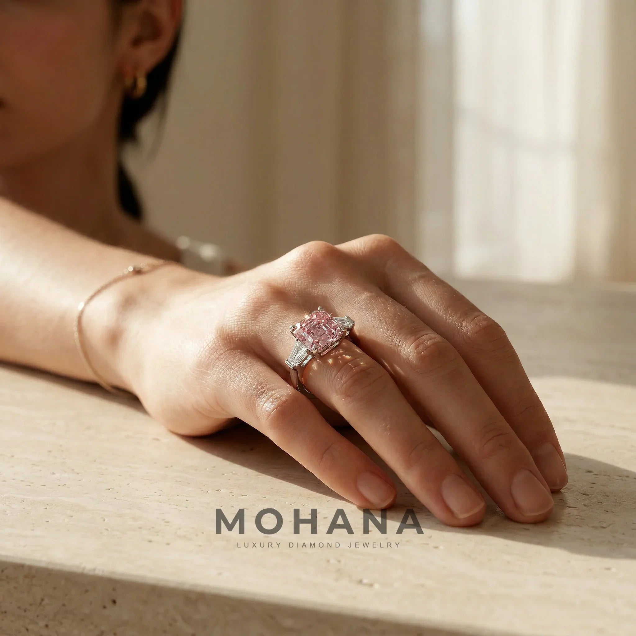 3.80ct Fancy Pink Asscher & Tapered Baguette Multi Stone Lab Diamond Ring - Brillante