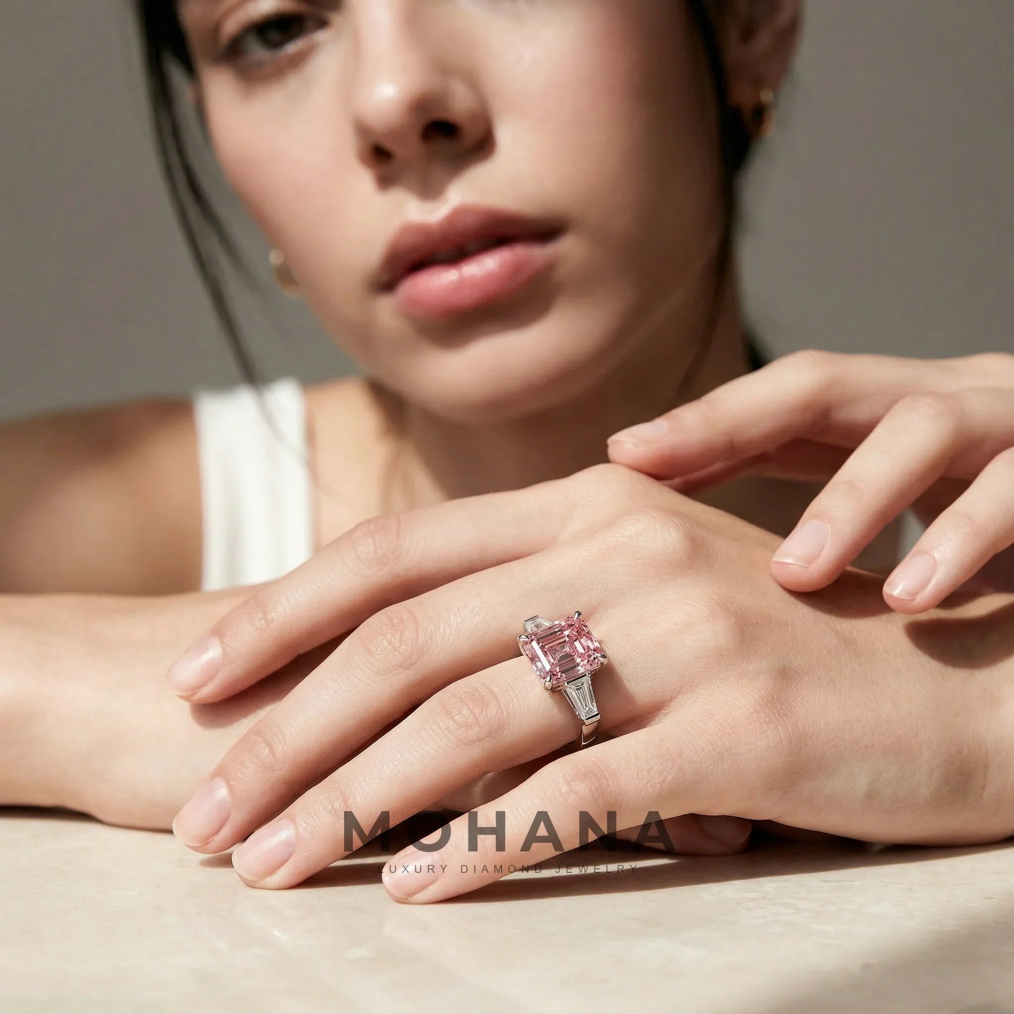 3.80ct Fancy Pink Asscher & Tapered Baguette Multi Stone Lab Diamond Ring - Brillante