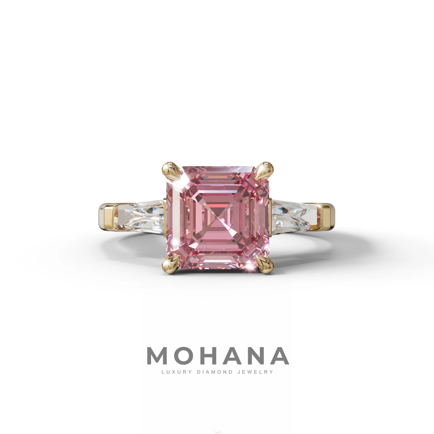 3 Carat Pink Asscher & Baguette Cut Multi Stone Lab Diamond Ring - Brillante - 10K Solid Gold / Yellow Gold