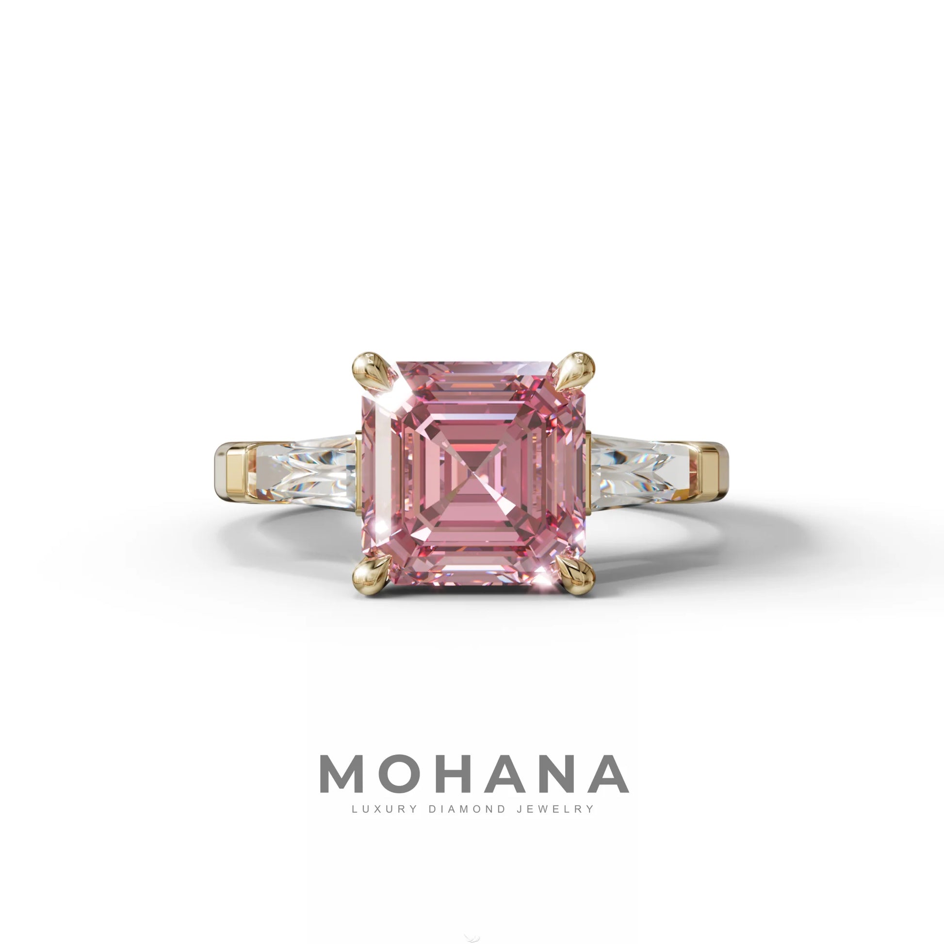 3 Carat Pink Asscher & Baguette Cut Multi Stone Lab Diamond Ring - Brillante - 10K Solid Gold / Yellow Gold