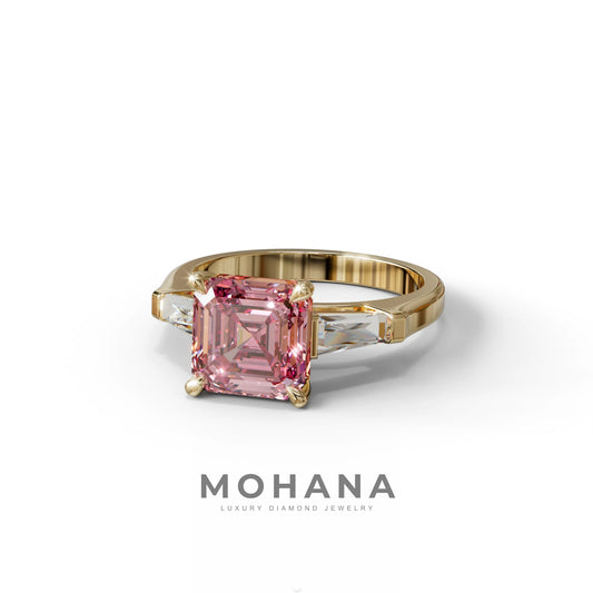 3 Carat Pink Asscher & Baguette Cut Multi Stone Lab Diamond Ring - Brillante