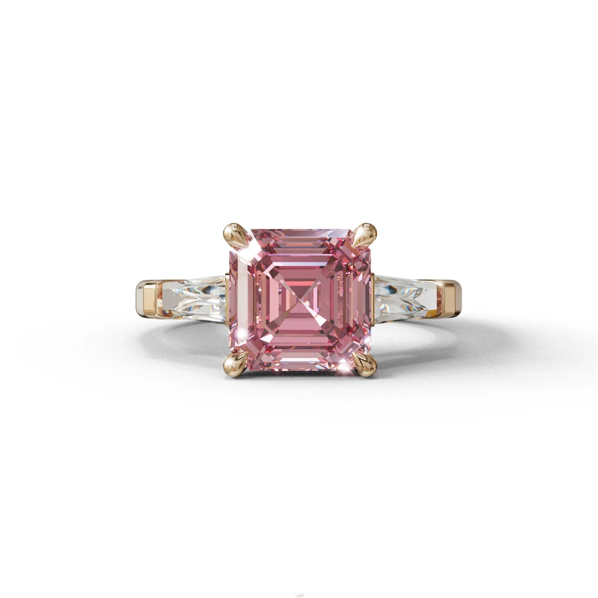 3 Carat Pink Asscher & Baguette Cut Multi Stone Lab Diamond Ring - Brillante - 10K Solid Gold / Rose Gold