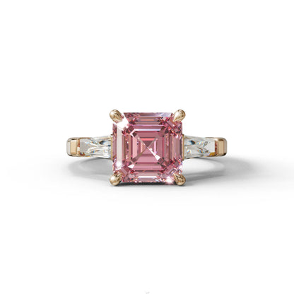 3 Carat Pink Asscher & Baguette Cut Multi Stone Lab Diamond Ring - Brillante - 10K Solid Gold / Rose Gold