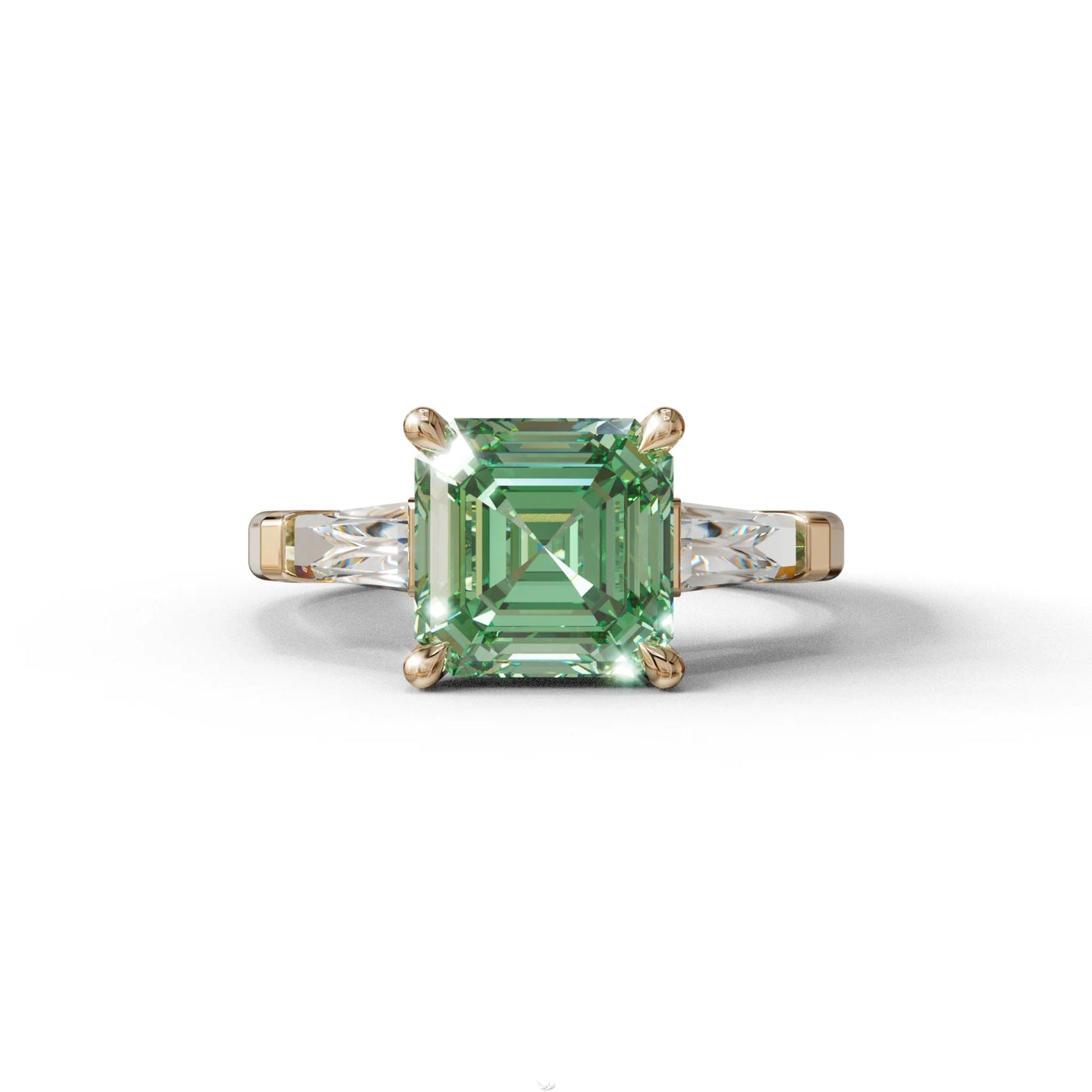 3 Carat Green Asscher & Baguette Cut Multi Stone Lab Diamond Ring - Brillante - 10K Solid Gold / Rose Gold