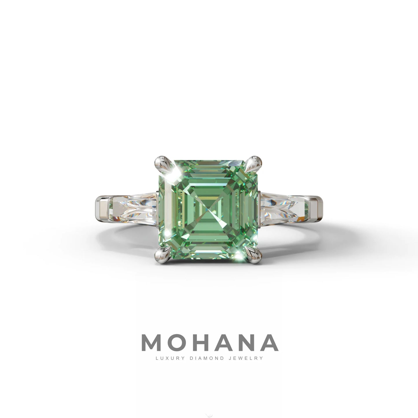 3 Carat Green Asscher & Baguette Cut Multi Stone Lab Diamond Ring - Brillante - 10K Solid Gold / White Gold