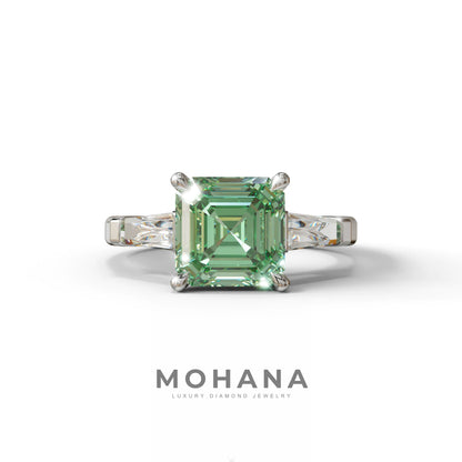 3 Carat Green Asscher & Baguette Cut Multi Stone Lab Diamond Ring - Brillante - 10K Solid Gold / White Gold