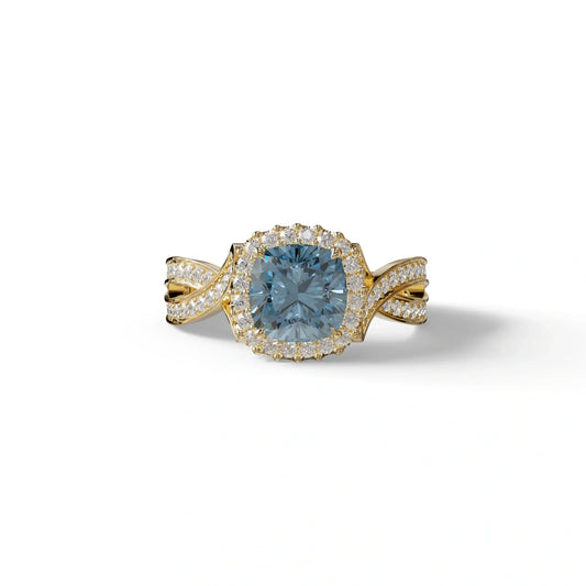 3 Carat Blue Cushion Cut Lab Grown Halo Diamond Engagement Ring - Odessa - 10K Solid Gold / Yellow Gold