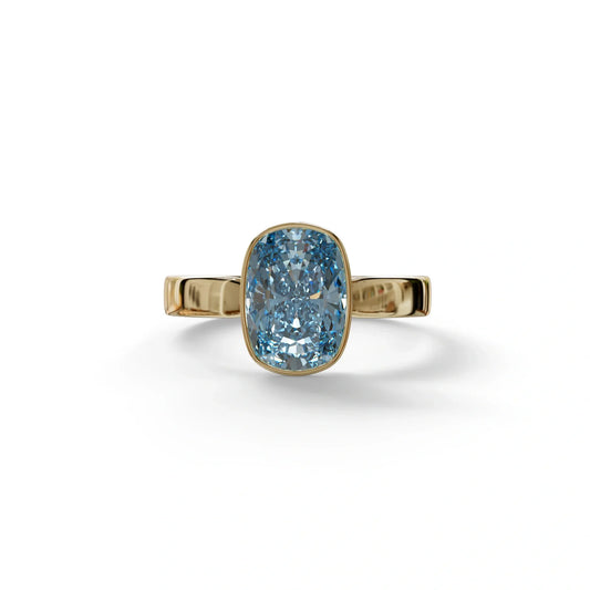 3 Carat Blue Elongated Cushion Cut Bezel Set Engagement Ring - Astrae - 10K Solid Gold / Yellow Gold