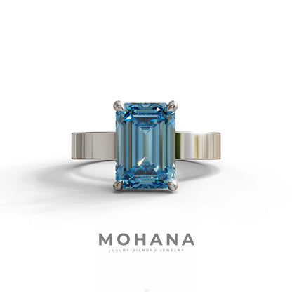 3 Carat Blue Emerald Lab Grown Diamond Solitaire Engagement Ring - Zulu - 10K Solid Gold / White Gold