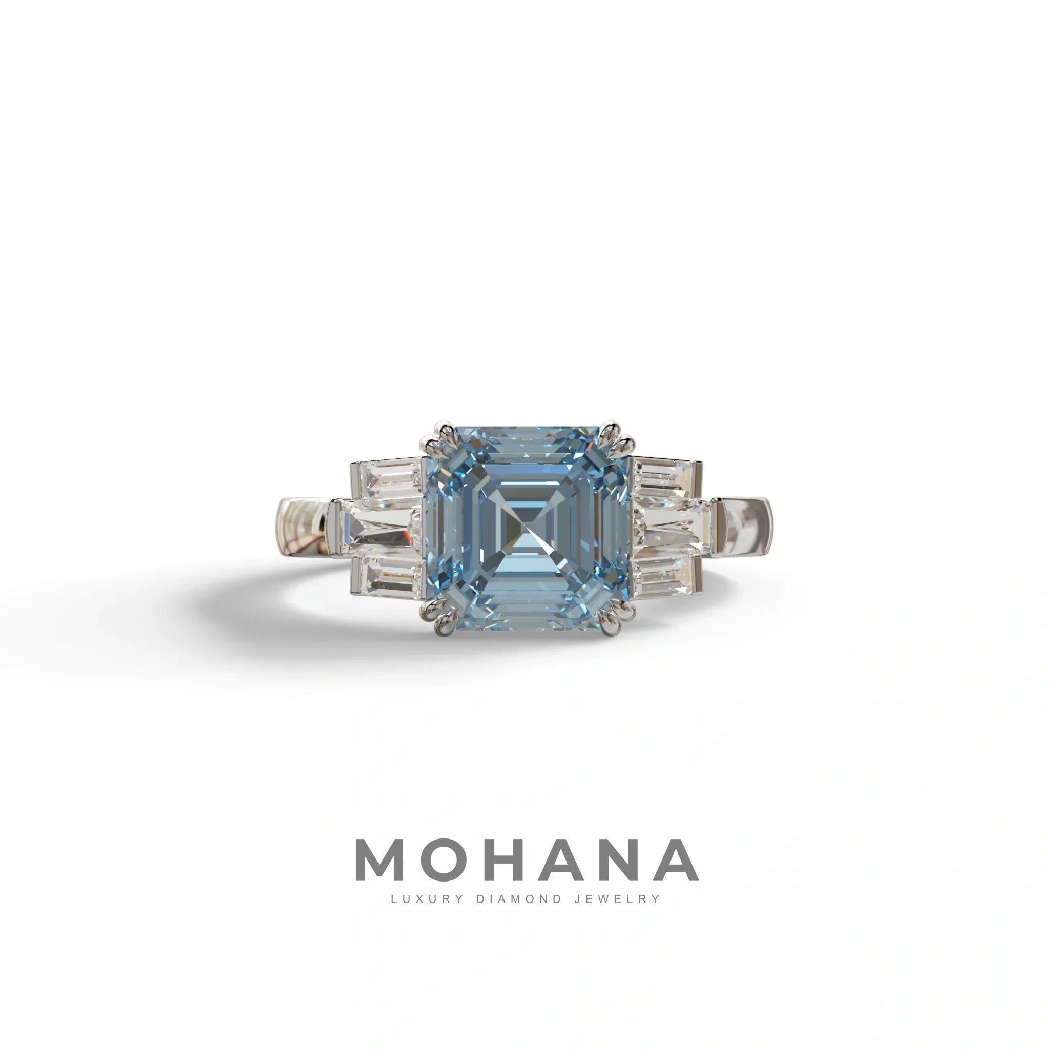 3 Ct Blue Asscher Cut Lab Diamond Double Claw Prong Setting Ring - Celestial - 10K Solid Gold / White Gold