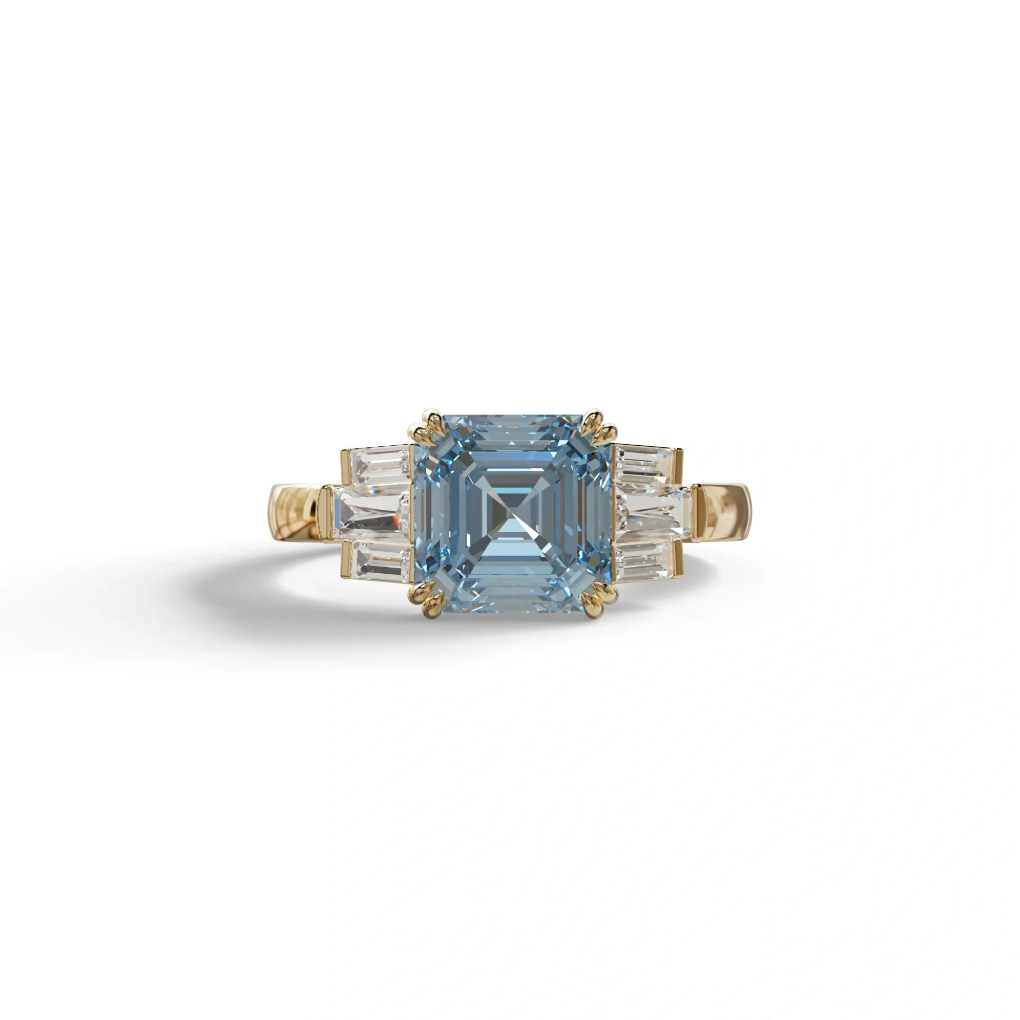 3 Ct Blue Asscher Cut Lab Diamond Double Claw Prong Setting Ring - Celestial - 10K Solid Gold / Yellow Gold
