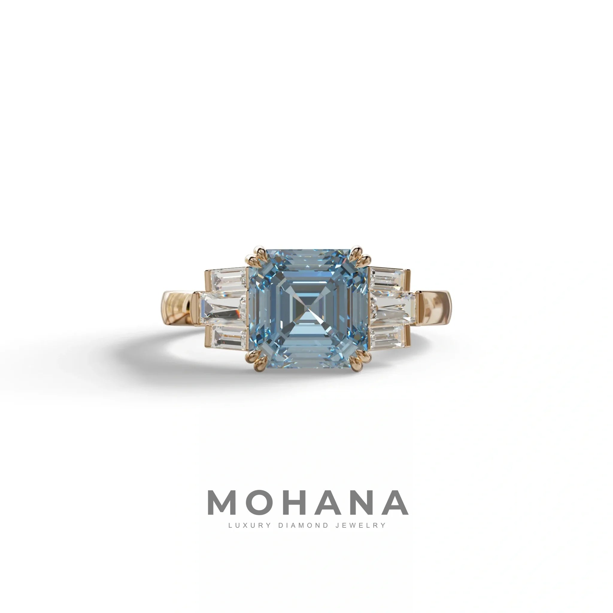 3 Ct Blue Asscher Cut Lab Diamond Double Claw Prong Setting Ring - Celestial - 10K Solid Gold / Rose Gold