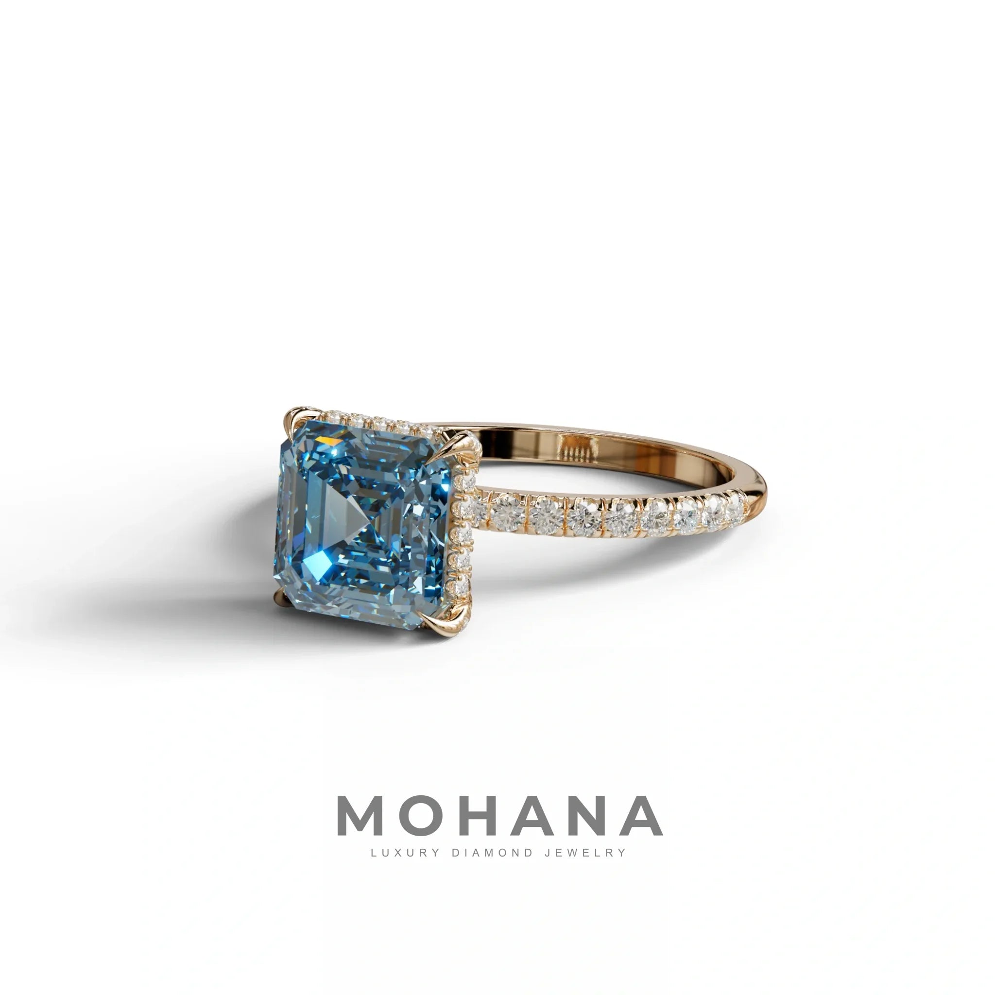 3 Carat Blue Asscher Cut Hidden Halo & Pave Lab Grown Diamond Ring