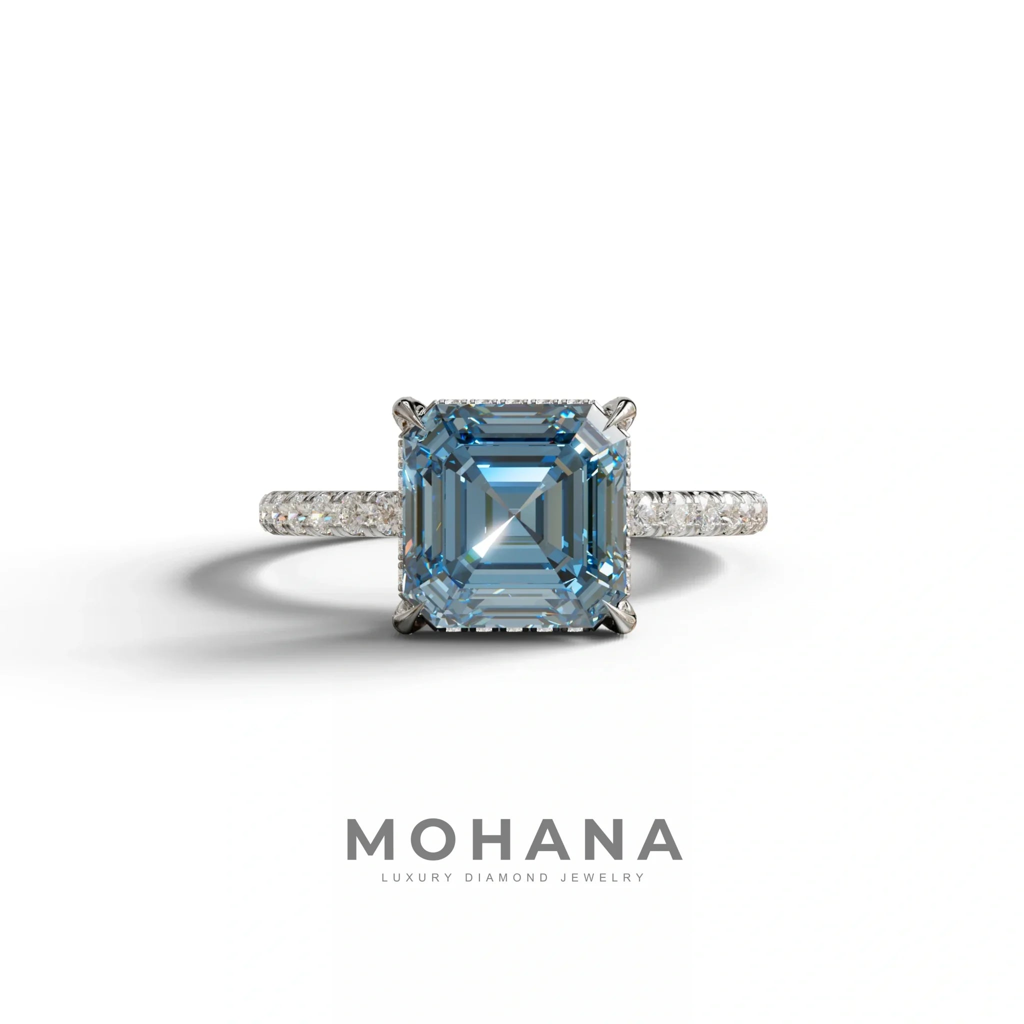 3 Carat Blue Asscher Cut Hidden Halo & Pave Lab Grown Diamond Ring - 10K Solid Gold / White Gold